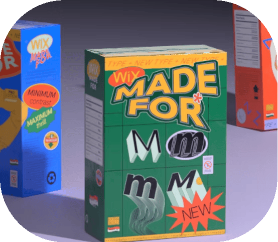 Animated gif. Specimens on mockups of custom typeface Wix Made for