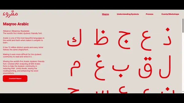 Animated gif.
      Scrolling website with grey background and red text.
      Specimen of Maqroo Arabic with changing letters.