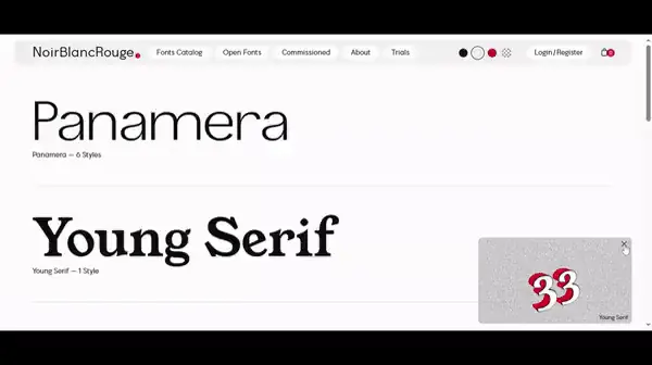 Animated gif.
      Scrolling website of Noir Blanc Rouge with font specimens of Panamera, Young Serif, Formera, Lil Grotesk, Libertine Super, Beon Display et Nemoy